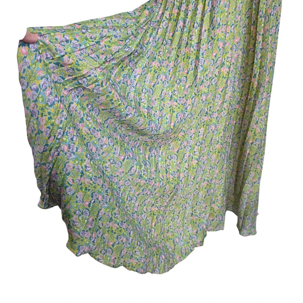 ByTiMo Plisse Pleated Halterneck‎ Maxi Dress In Green Garden Open Back  Large